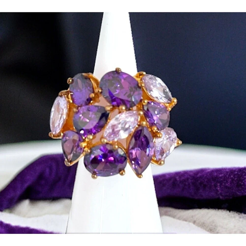 Vintage 1990s Joan Rivers Crystal Cluster Ring Purple Gold Tone Size 5 - 5Z